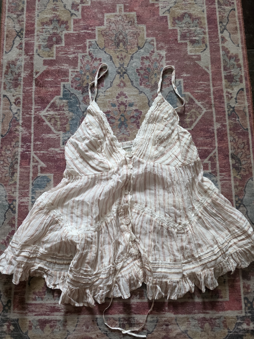 Kimchi Blue White and Cream Striped Cami with Ruffle Hem Y2K